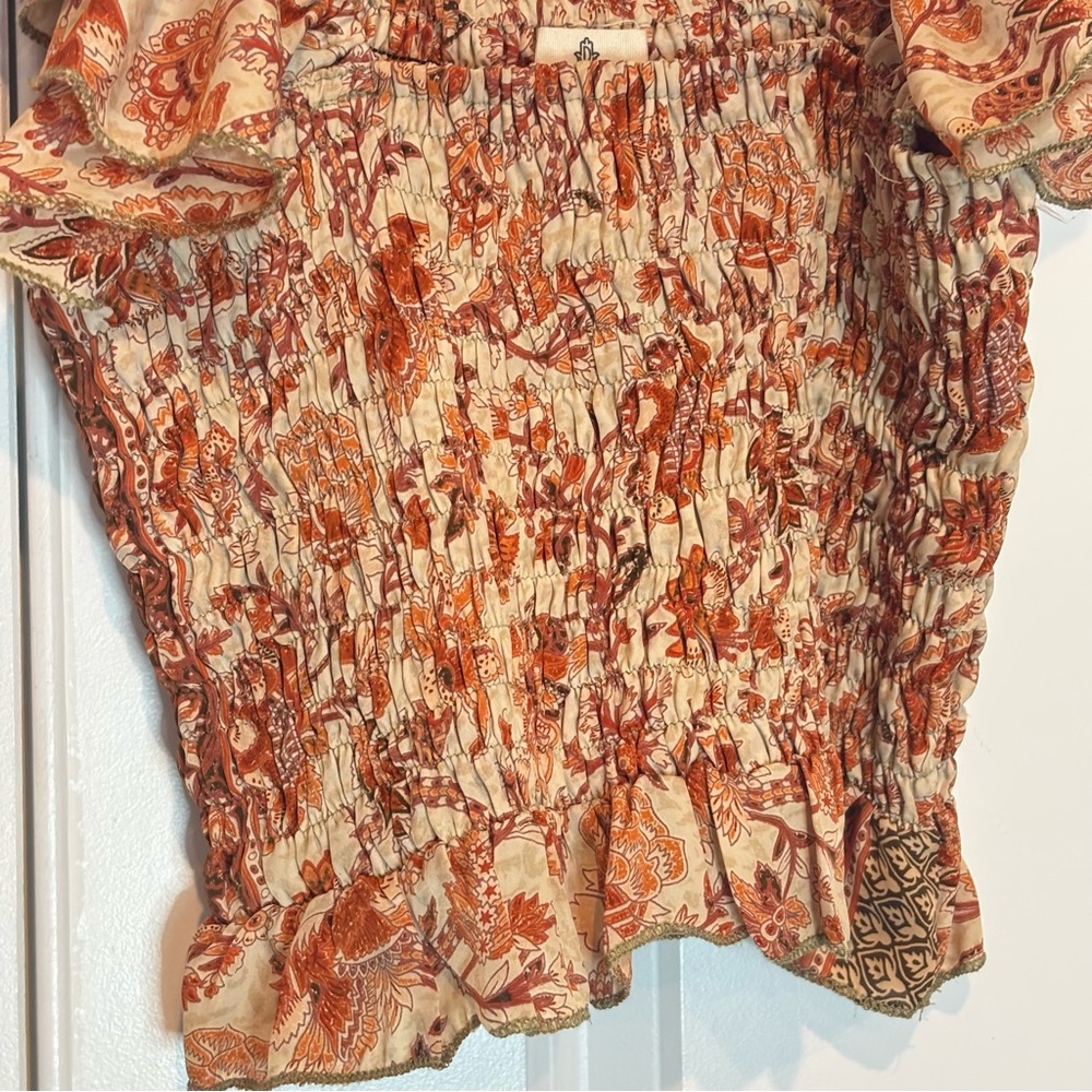 Perry Walker Collective Orange Tan Floral Ruffle Strap Smocked Top S - Picture 3 of 6